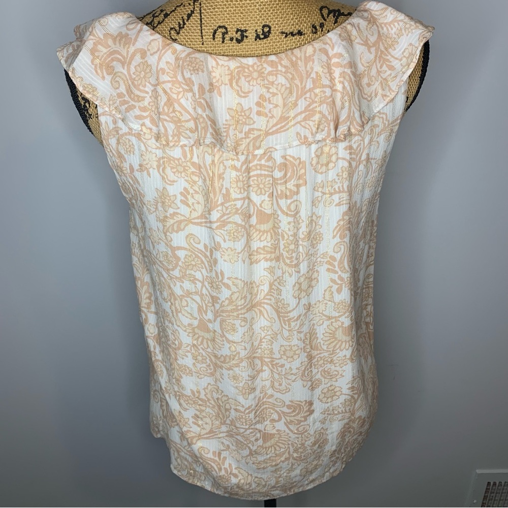 LOFT Shimmer Ruffle Sleeveless V-Neck Lined Shell with Tan Paisley Print - Picture 3 of 11